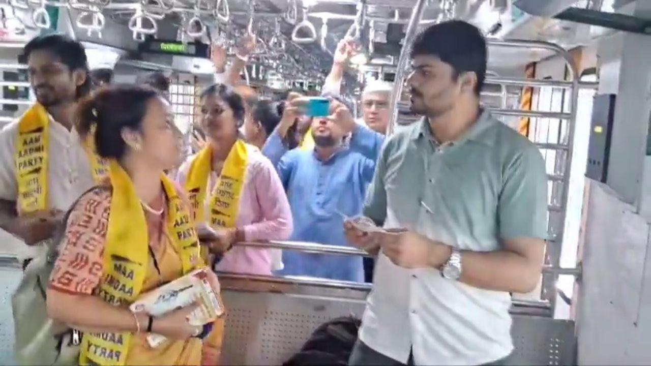 AAP volunteers actively participated in the campaign by distributing pamphlets and urging commuters to vote for candidates from Shiv Sena (UBT), Congress, and NCP(SP).