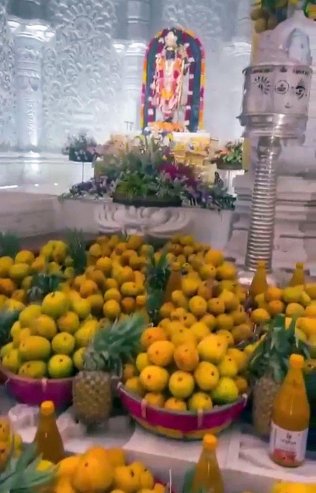 11000 Alphonso mangoes, a basket of seasonal fruits and bottles of mango juice offered to Ram Lala on Akshaya Tritiya at Shri Ram Janmabhoomi Temple, Ayodhya
