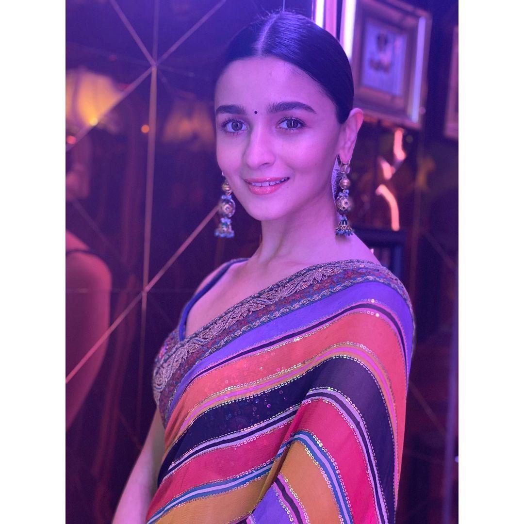 Worn at the Star Screen Awards 2019, the six-yard garment, from Sabyasachi’s ‘Charbagh featuring the Chowk’ collection, boasted multicoloured stripes, each delineated by delicate sequin borders