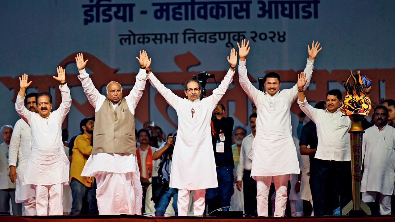 INDIA bloc leaders on stage during the rally in BKC, Bandra. Pic/Sameer Markande