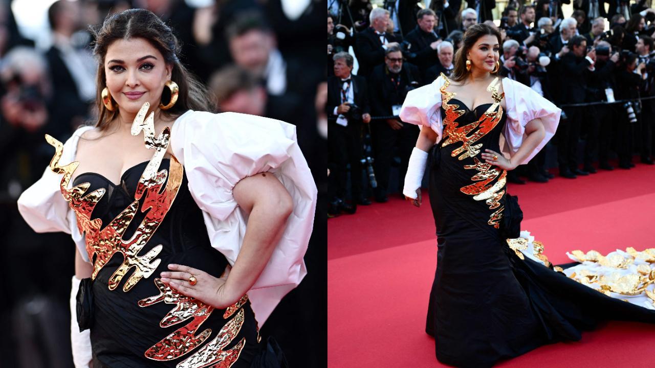 Aishwarya Rai Bachchan makes her 21st appearance at Cannes in dramatic gown with injured arm in a cast