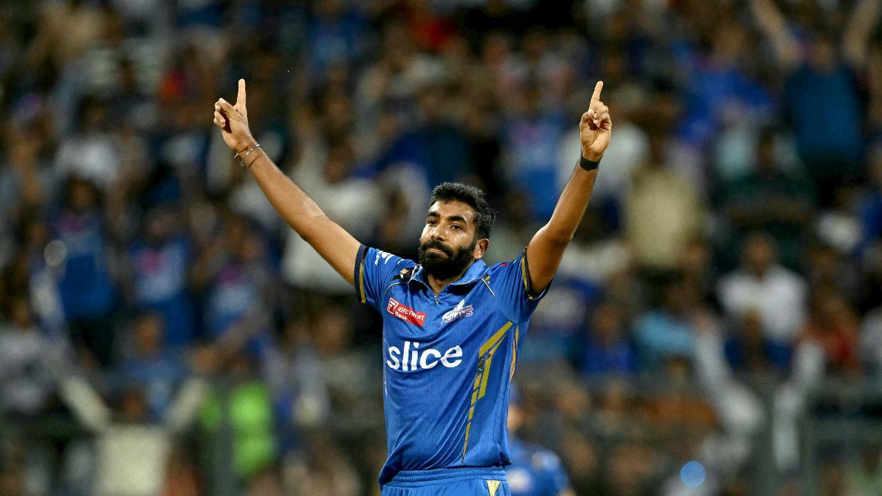 Mumbai Indians` Jasprit Bumrah celebrates after taking the wicket of Sunrisers Hyderabad`s Abhishek Sharma (Pic: AFP)