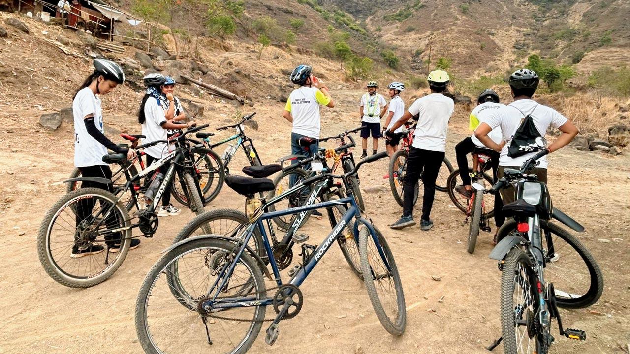 Children participate in a children’s cycling rally in Panvel