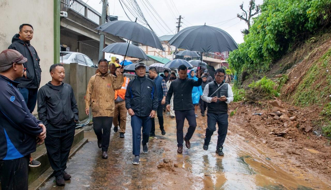 Mizoram Chief Minister Lalduhawma visite the site of a stone quarry collapse amid heavy rains on Tuesday, May 28 in Aizawl city 