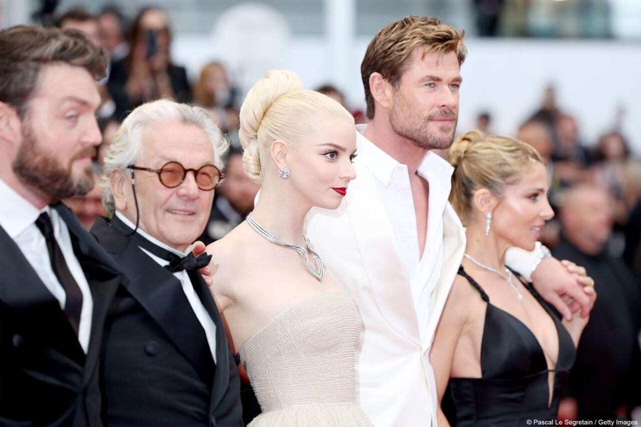 Australian director and screenwriter George Miller, British-US actress Anya Taylor-Joy, Australian actor Chris Hemsworth, Spanish actor Elsa Pataky poses after the screening of the film 'Furiosa: A Mad Max Saga'