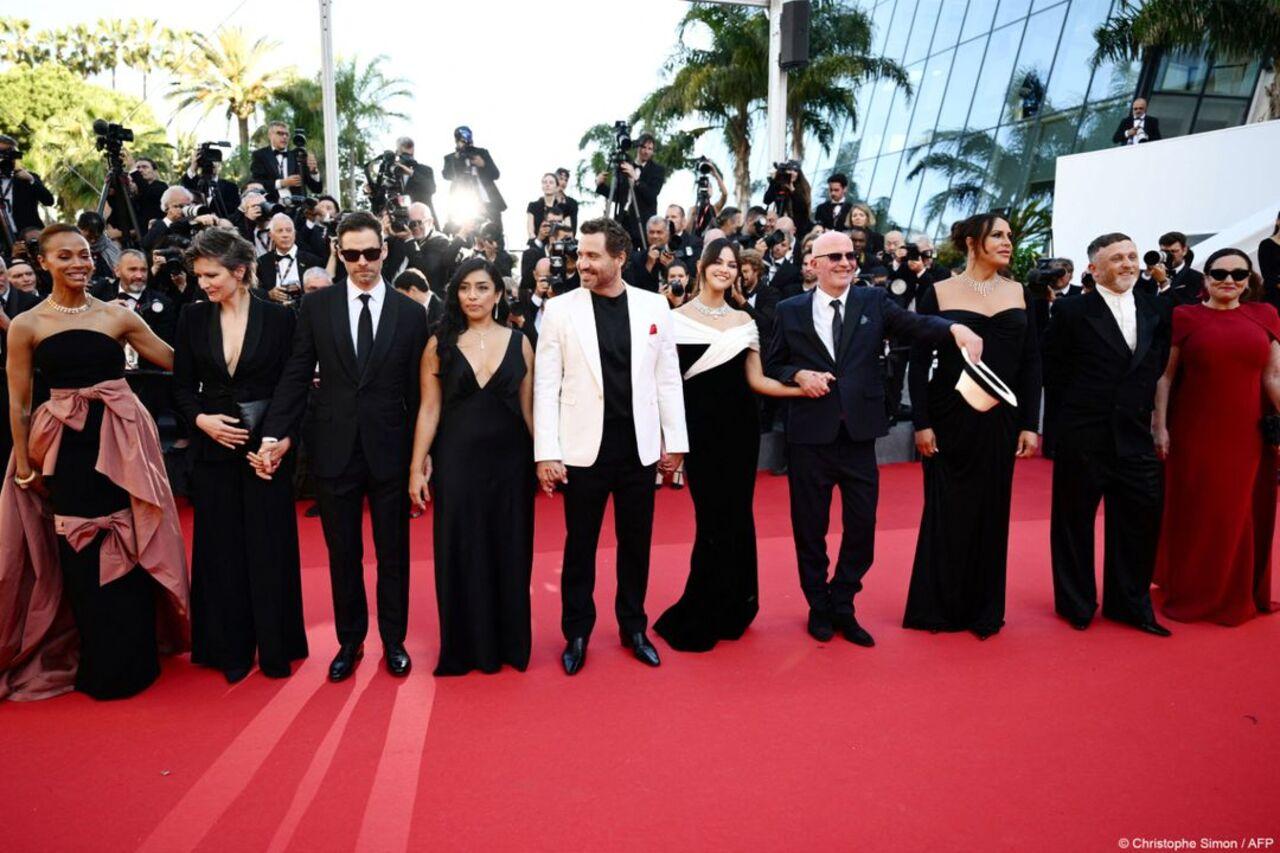 US actress Zoe Saldana, French composer Camille and Clement Ducol, Mexican actress Adriana Paz, Venezuelan Actor Edgar Ramirez, US singer and actress Selena Gomez, French director Jacques Audiard, Mexican actress Karla Sofia Gascon and Belgo-French choreographer and dancer Damien Jalet and French art director and costume designer Virginie Montel arrive for the screening of the film 'Emilia Perez'