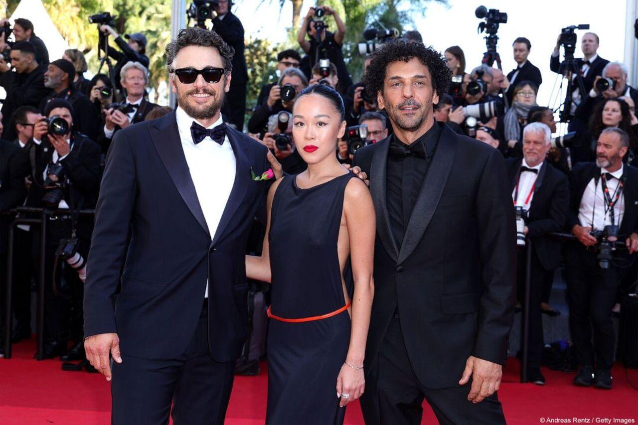 US actor James Franco, French Taiwanese actress Elise Tilloloy, French actor Tomer Sisley arrive for the screening of the film 'Emilia Perez'
