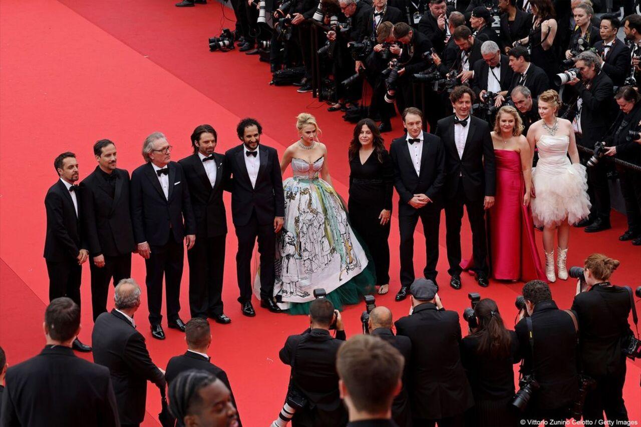 US producer Jacob Jarek, Israeli producer Daniel Bekerman, US actor Martin Donovan, Romanian-US actor Sebastian Stan, Iranian director Ali Abbasi, Bulgarian actress Maria Bakalova, US executive producer Amy Baer, US writer Gabriel Sherman, French producer Louis Tisne, Irish producer Ruth Treacy and British producer Julianne Forde arrive for the screening of the film 'The Apprentice' 
