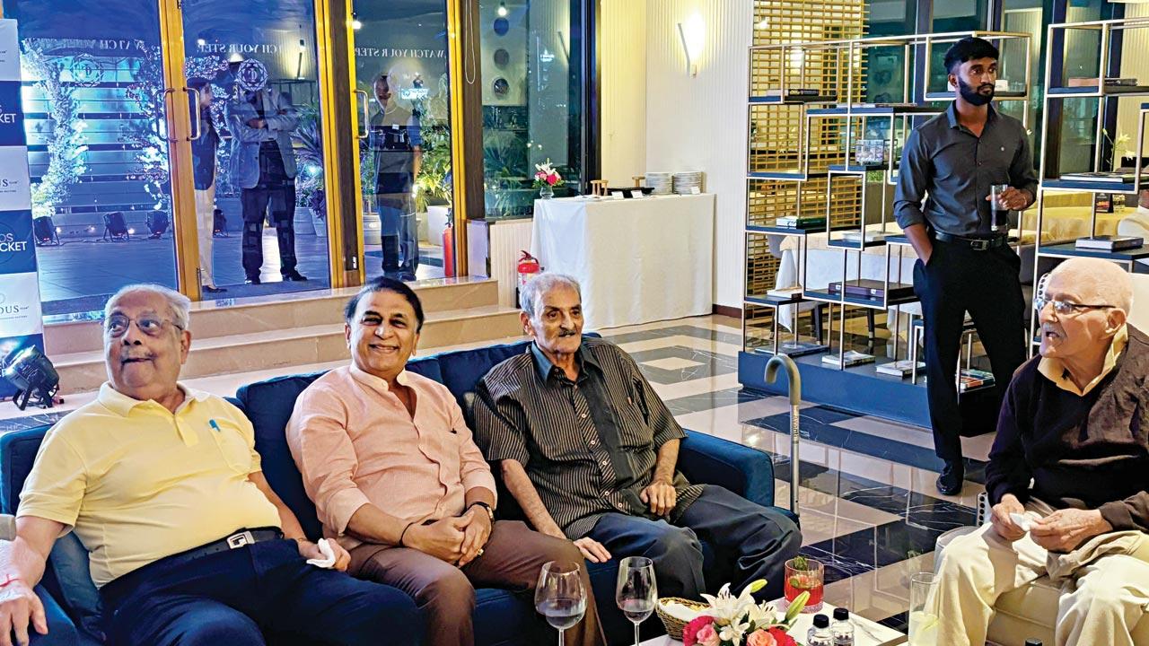 Ex-India wicketkeeper Dr Chandu Patankar (left), host Sunil Gavaskar and former Test captain Nari Contractor with CG Joshi on the extreme right at the Indus Club on Thursday. Pic/Clayton Murzello