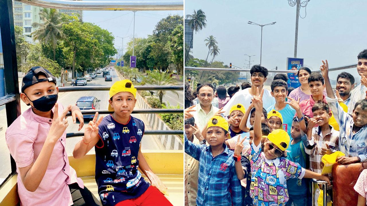Children enjoy the open-bus ride around the city with their guardians and parents 