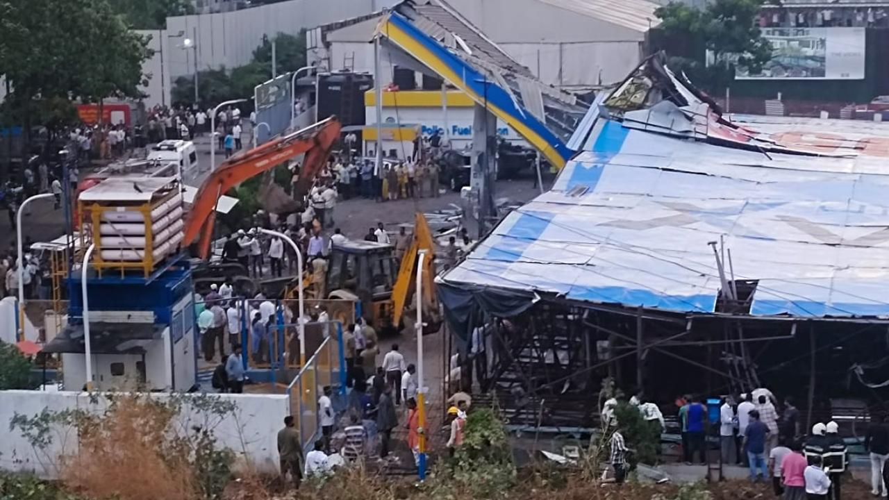 An advertising hoarding along the roadside had collapsed on nearby houses and petrol pump thereby more than 100 people were likely to be trapped, the BMC said
