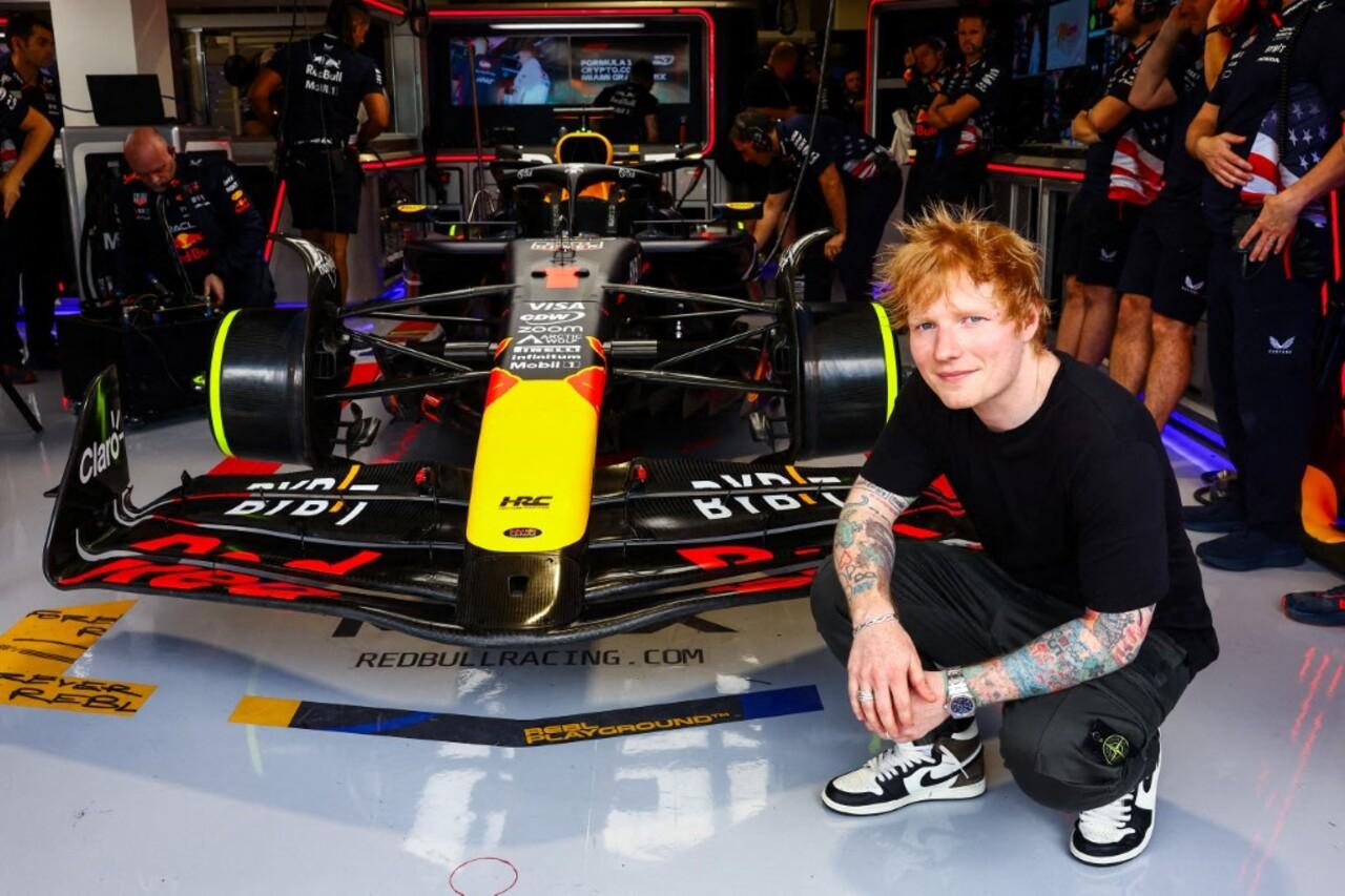 British singer Ed Sheeran posed for a photo outside the Oracle Red Bull Racing garage prior to Sprint Qualifying. 