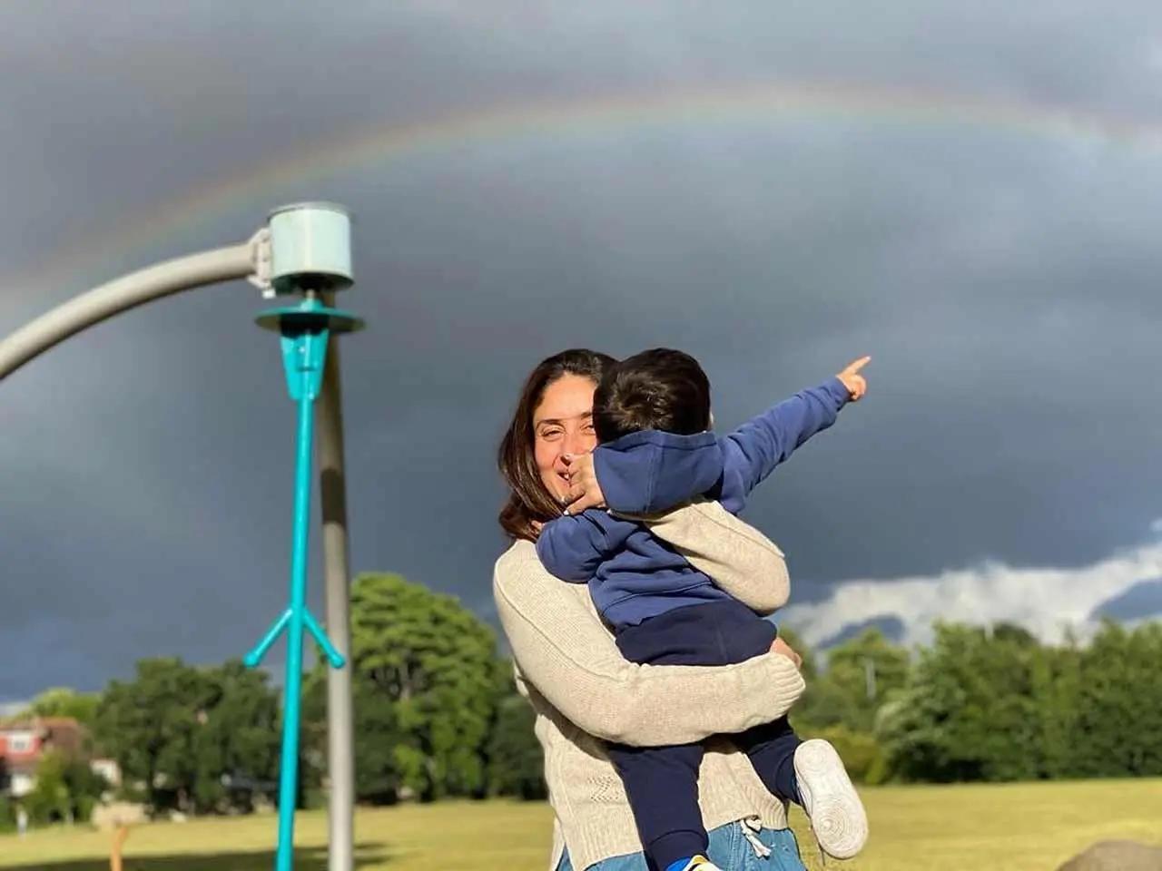 Kareena Kapoor Khan shared a pretty picture with Jeh baba where the duo is seen enjoying a rainbow in England