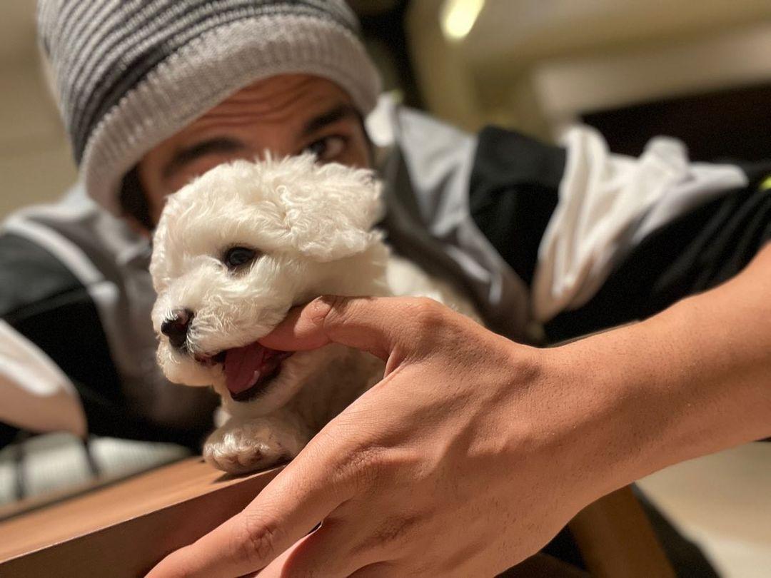 Kartik honestly adores his furry friend. In this pic, she bites Kartik's finger, and Kartik seems to be enjoying the cute moment