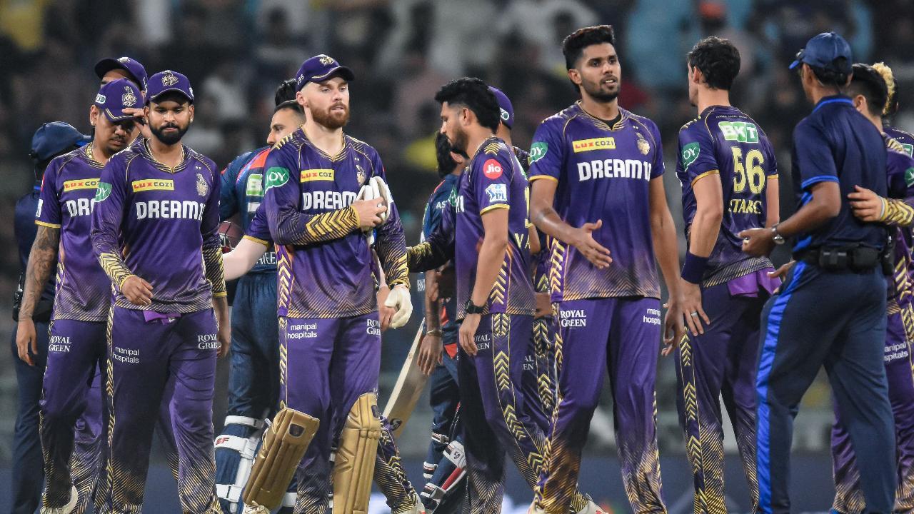 Kolkata Knight Riders` players celebrate after their team`s win against Lucknow Super Giants (Pic: AFP)