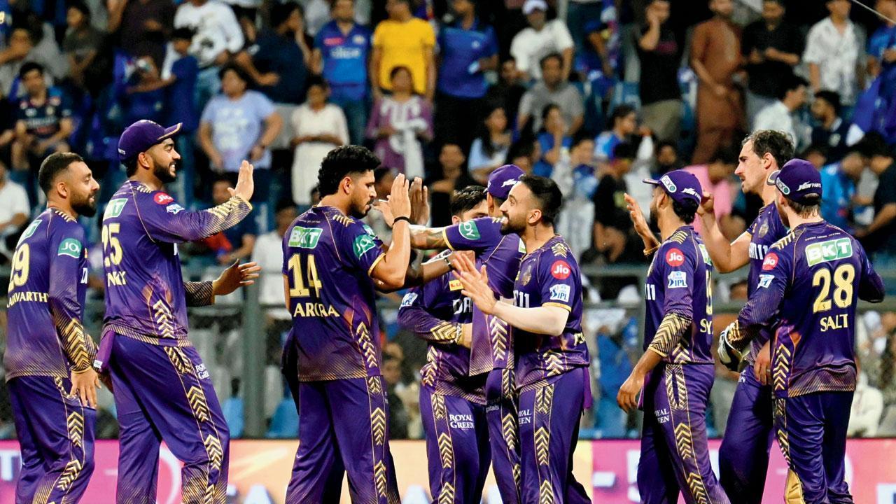 KKR players celebrate their win over Mumbai Indians at the Wankhede Stadium on Friday. Pic/Atul Kamble
