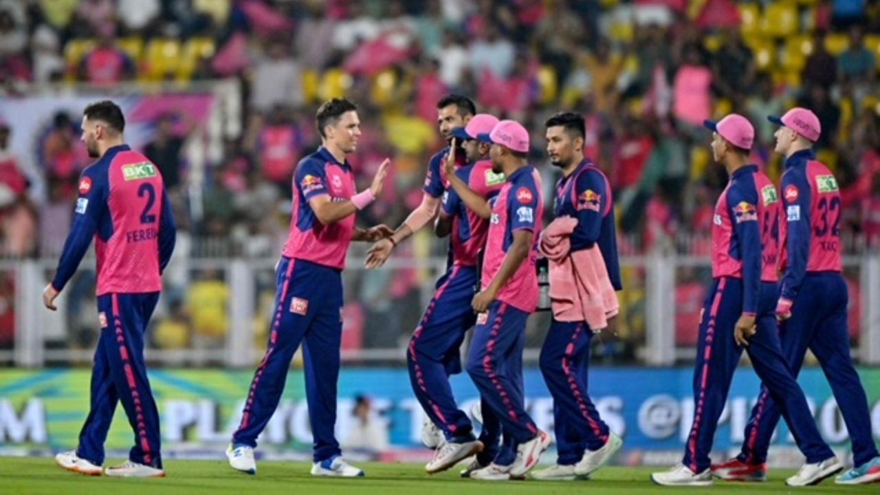 RR players celebrate a Punjab Kings’s wicket on Wednesday. PIC/AFP