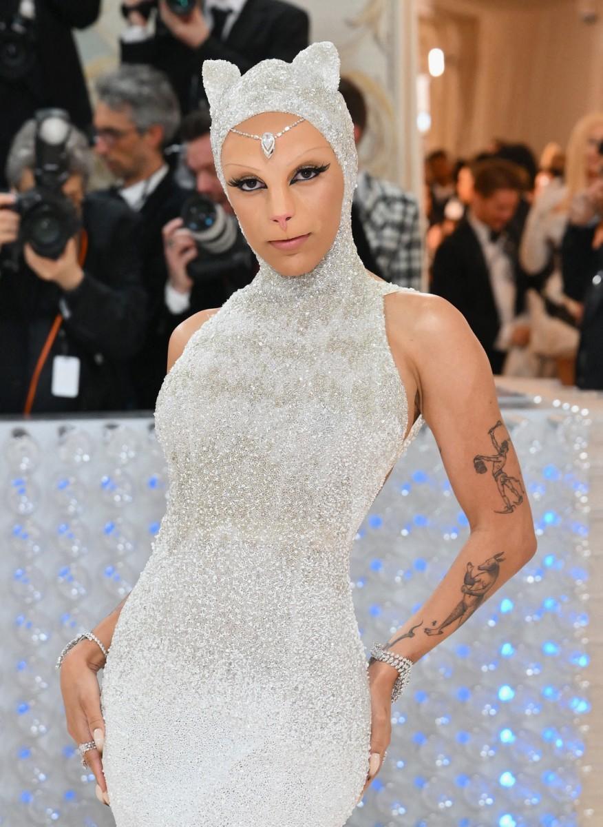 Doja Cat made a grand entrance at the MET Gala 2023 dressed as Karl Lagerfeld's iconic cat, complete with prosthetics and a million-dollar diamond.