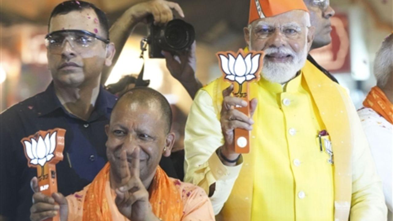 Women dressed in saffron attire led the procession, symbolising the saffron wave of the BJP ahead of Lok Sabha Elections 2024.