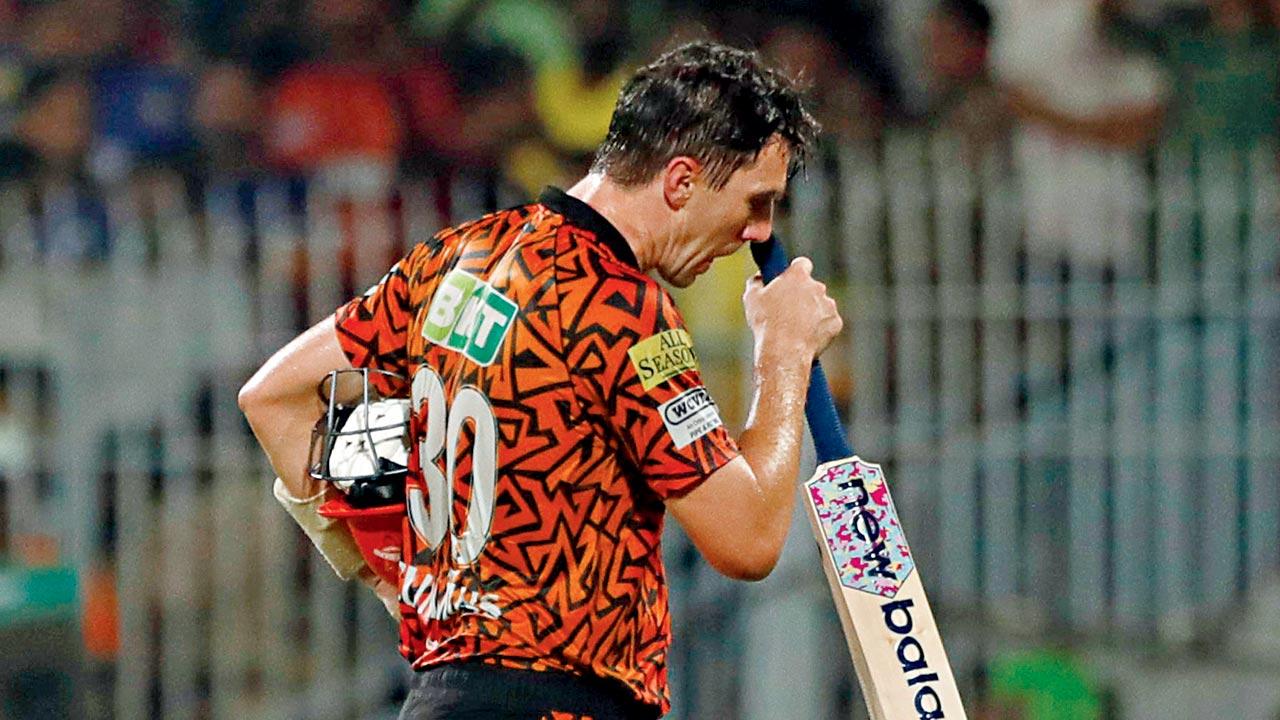 SRH skipper and top-scorer Pat Cummins after being dismissed for 24. Pic/Getty Images