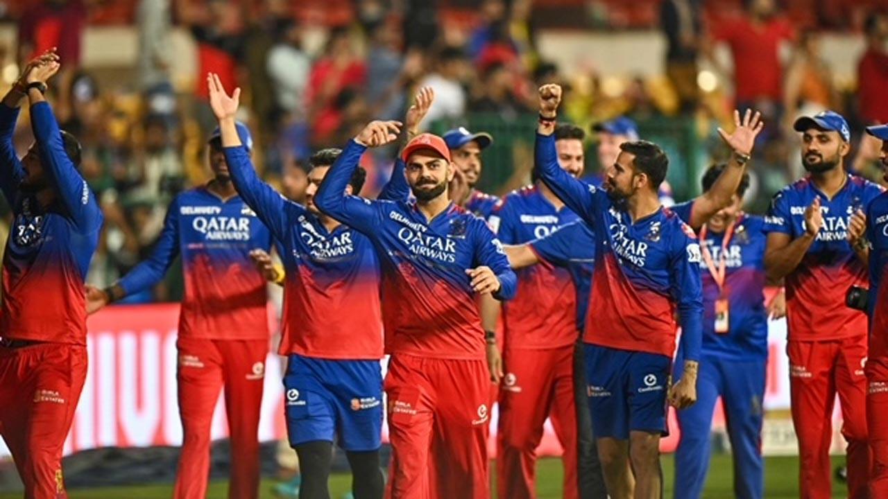 RCB’s players celebrate entering the Playoffs after winning against CSK. Pic/AFP