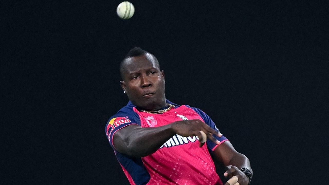 Rajasthan Royals` Rovman Powell throws the ball during the Indian Premier League (IPL) Twenty20 cricket match (Pic: AFP)