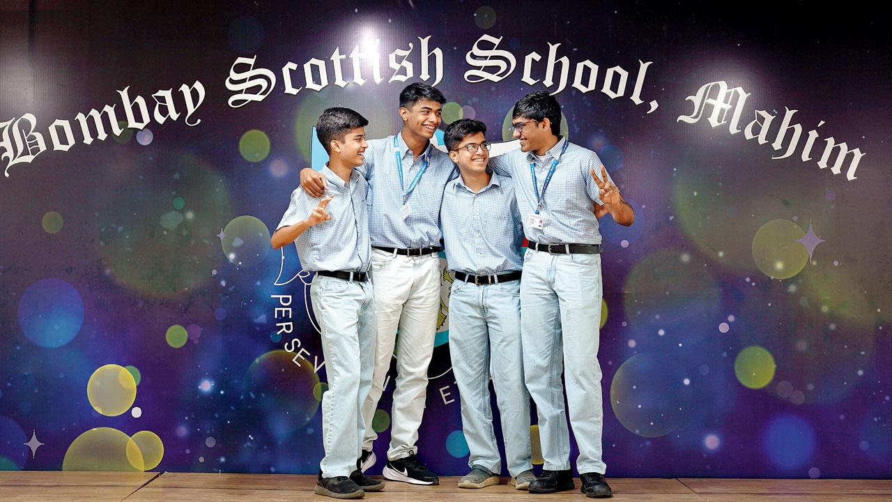 ISC toppers from Bombay Scottish School celebrate their achievement at Mahim. Pics/Aditi Haralkar