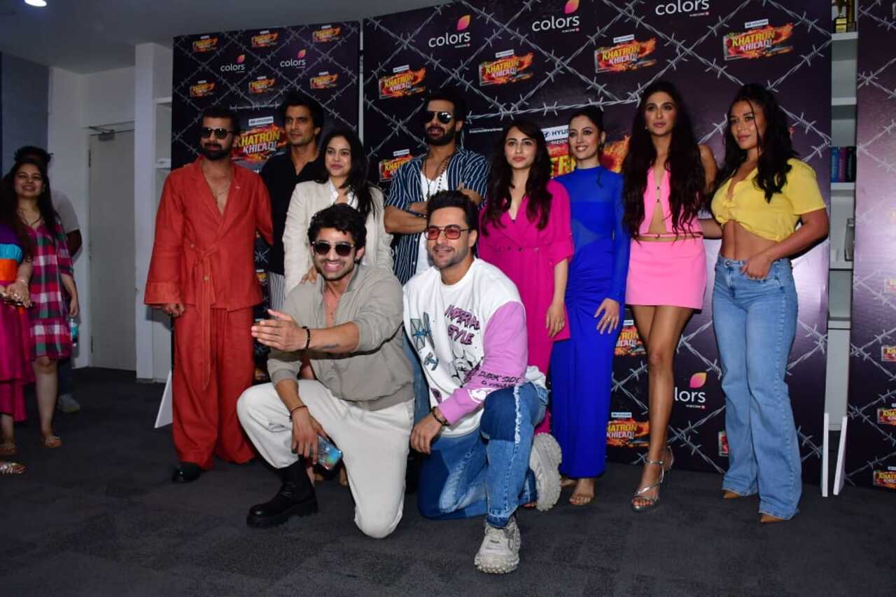 Stunt-based reality show 'Khatron Ke Khiladi' season 14 contestants assembled for an event. Sumona Chakravarti, Krishna Shroff, Nimrit Kaur Ahluwalia, and others were present. 
