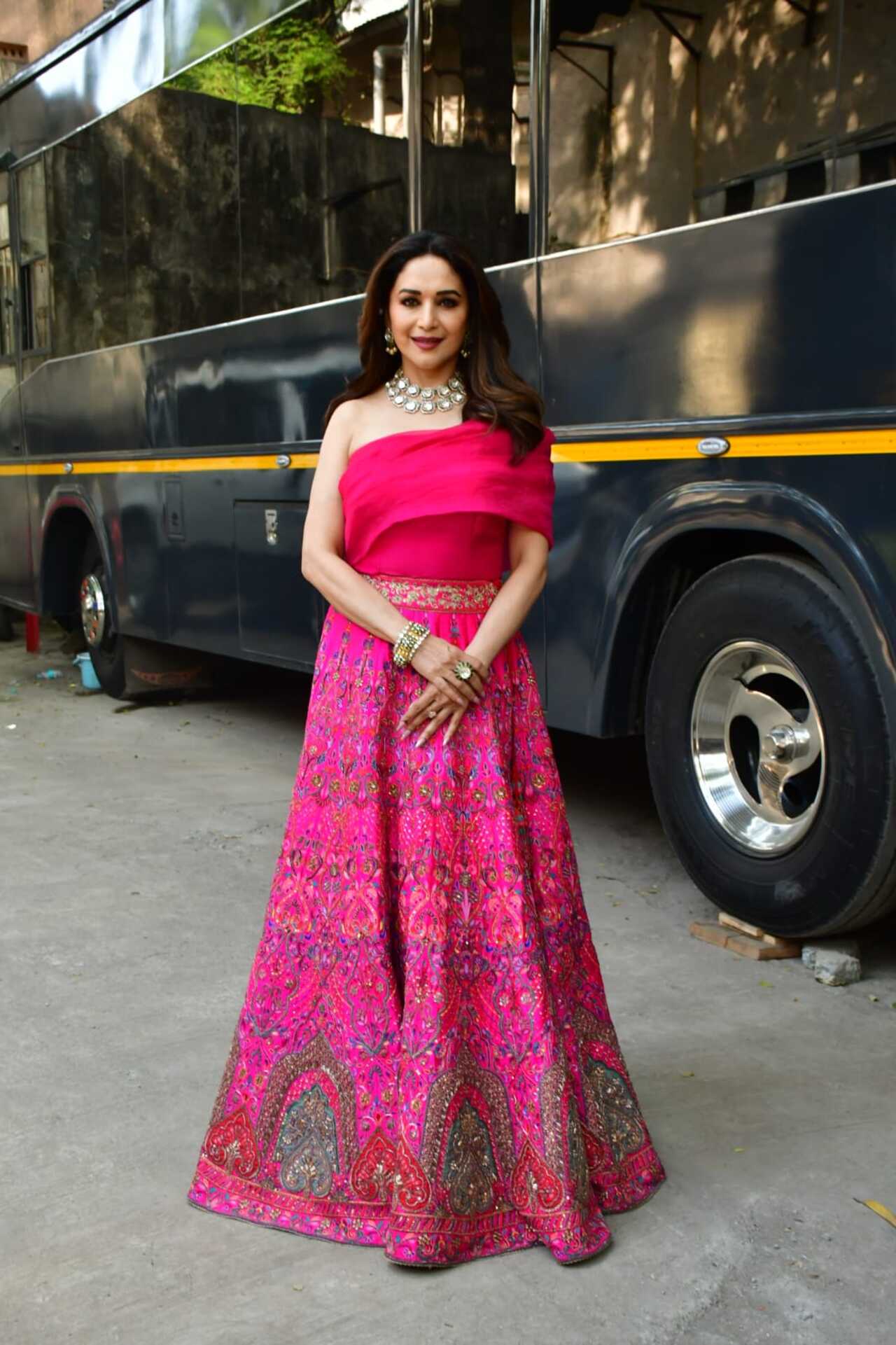 Madhuri Dixit Nene looked bespoke in a hot pink Indian ensemble on the sets of ‘Dance Deewane 4’.