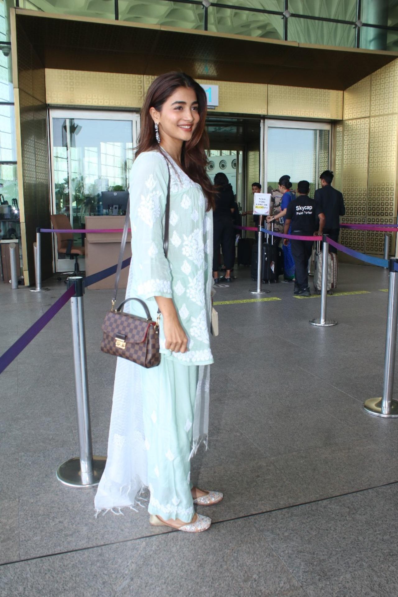 Pooja Hegde was spotted in casual traditional at the airport