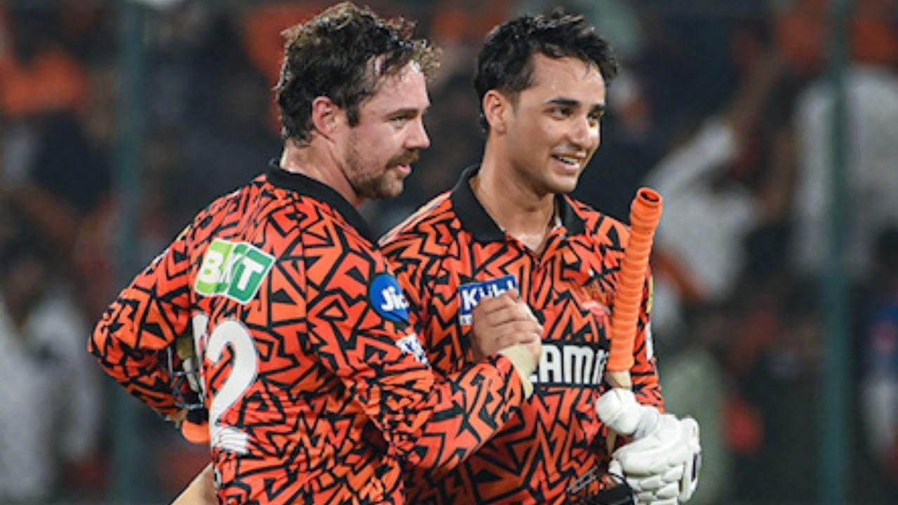 Travis Head (left) and Abhishek Sharma celebrate SRH’s win over LSG in Hyderabad on Wednesday. PIC/PTI