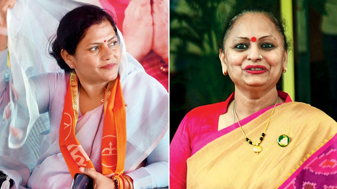 Shiv Sena candidate Rajashri Patil addresses a public meeting in Yavatmal. Pic/Satej Shinde; (right) Yamini Jadhav, the Shinde Sena’s Mumbai South candidate