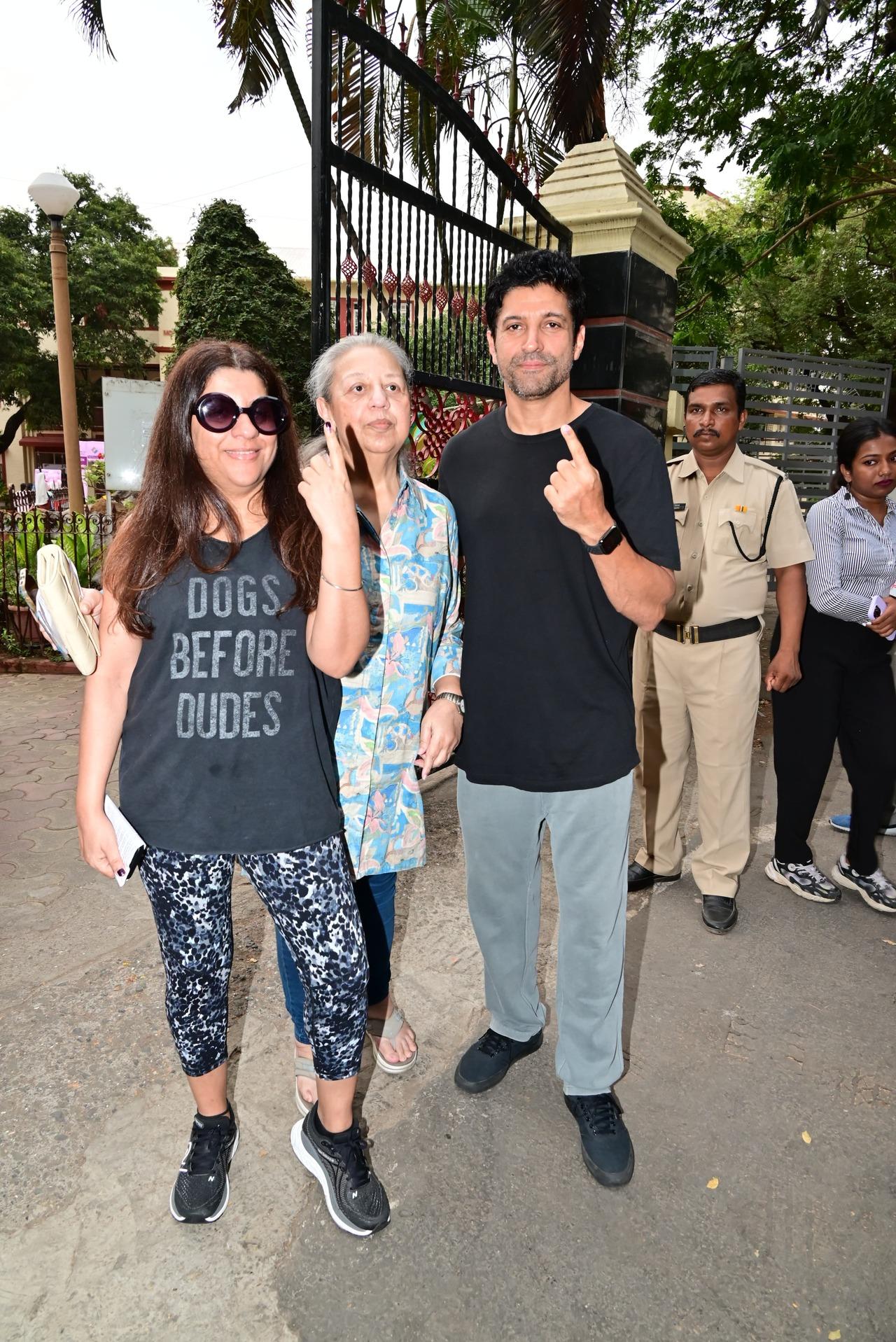 Farhan Akhtar and Zoya Akhtar flaunt their inked finger along with their mother