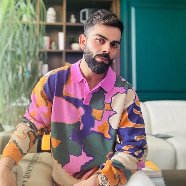 Keeping it casual
Kohli's fun perosnality shines through in his casual looks. This colourful abstract patterned sweater-like T-shirt is proof. 