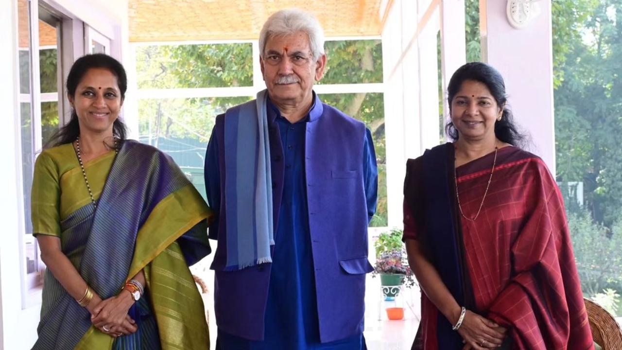 In this picture shared by Sule, with Lieutenant Governor of J&K Manoj Sinha and politician Kanimozhi Karunanidhi, she has donned a simple yet elegant green and purple saree. She completed the look with a neckpiece, bangles and her statement bindi. (Pic: Instagram/@supriyasule)