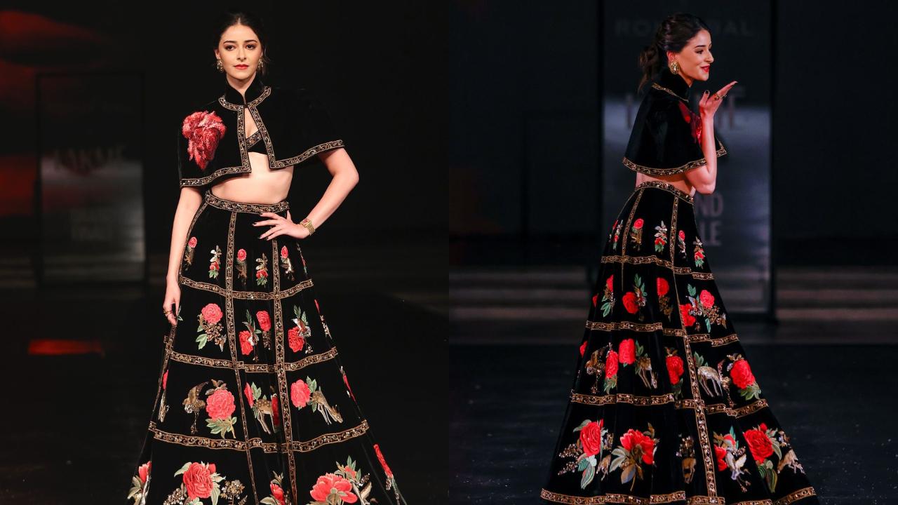 Showstopper Ananya Panday donned an extravagant black skirt with rose motifs, paired with a blouse and caped sleeves.