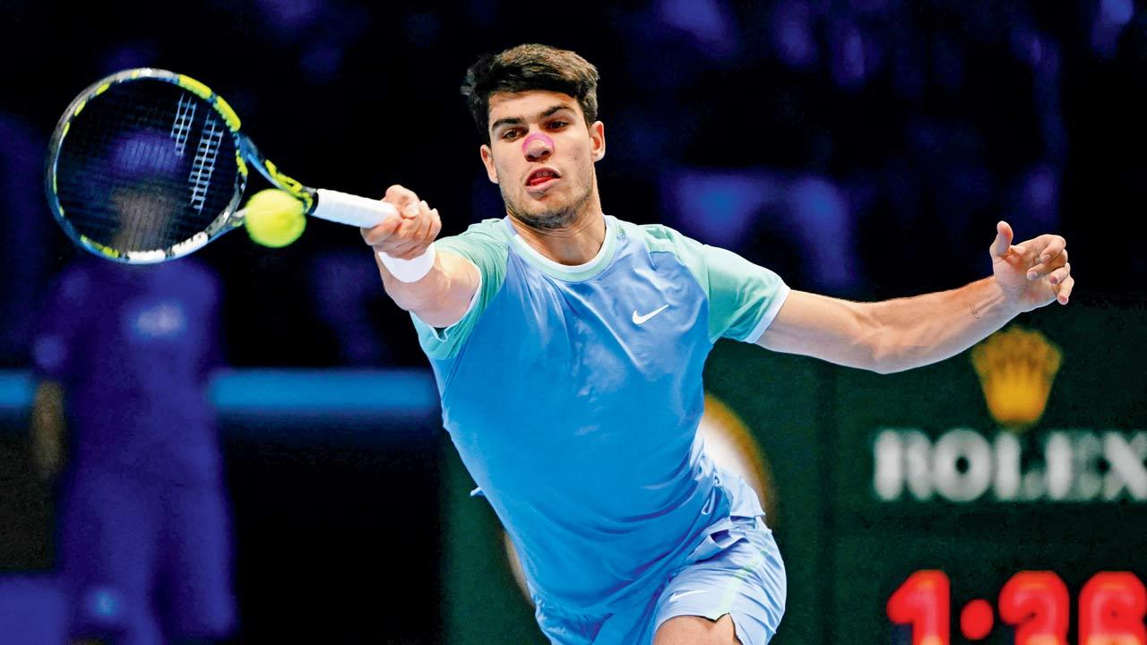 Carlos Alcaraz during his win over Andrey Rublev yesterday 