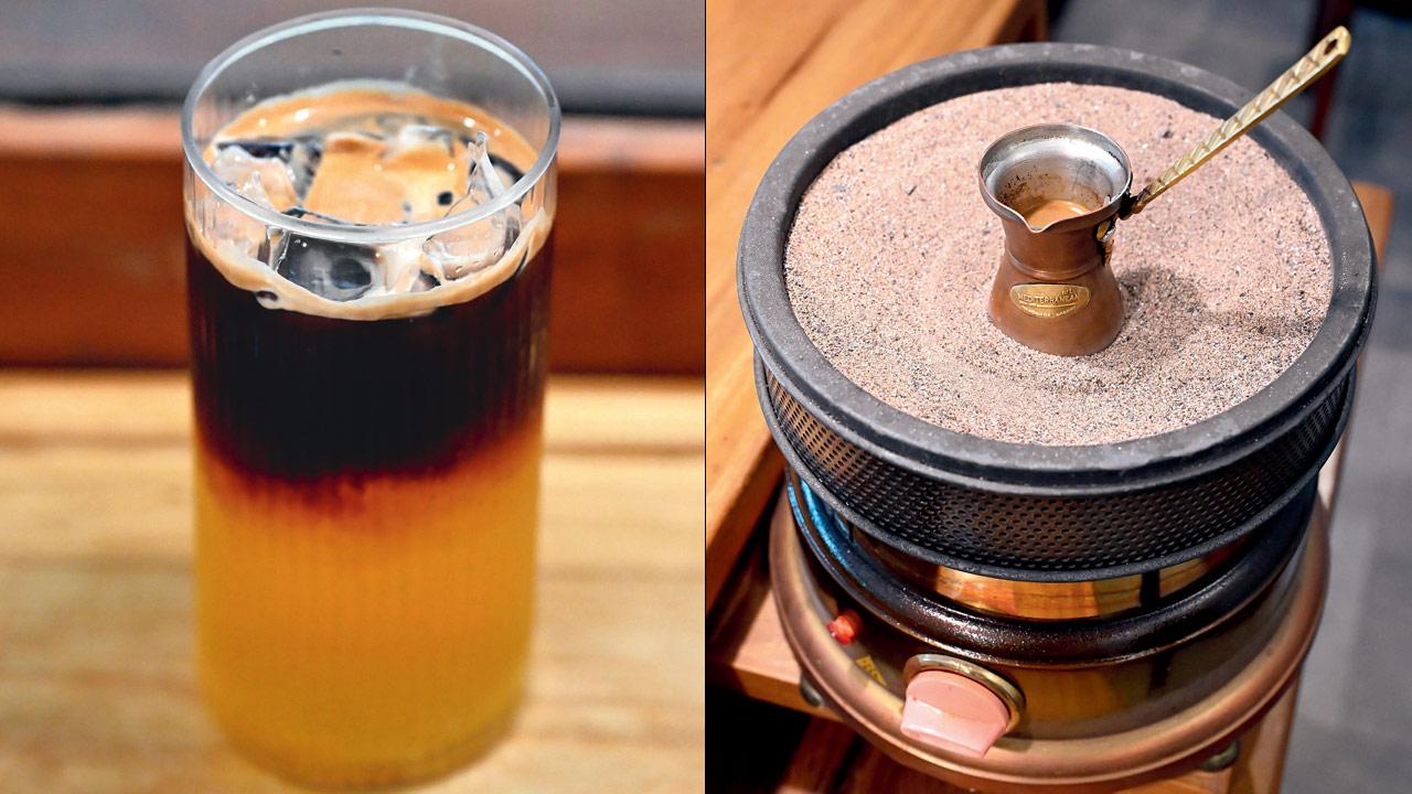 Cafe menus have gone beyond cappuccionos and lattes, with options like peach coffee spritzers (right) Turkish coffee brewed on hot sand, at Bombay Island Coffee