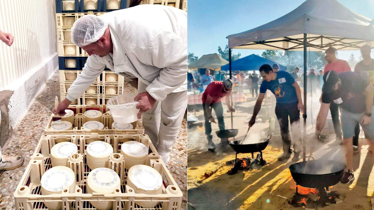 A cheese maker applies a coating of olive oil on the cheese rind; (right) Locals in Cuena take part in a  Gachas competition to kickstart  the San Mateo festival 