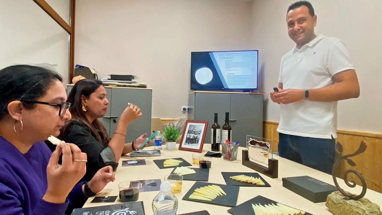 Phorum Pandya (extreme left) from Sunday mid-day attends a cheese and wine tasting conducted by Diego Alvarez Martínez of Villarejo Factory Manchego in Castilla La Mancha, Spain