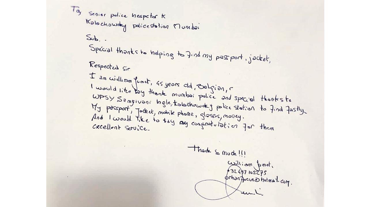 The letter of thanks William Jumet wrote to the Mumbai police 