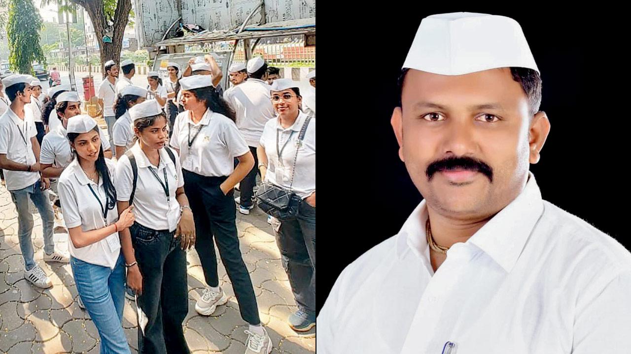 Students join the dabbawalas on their delivery route in Churchgate