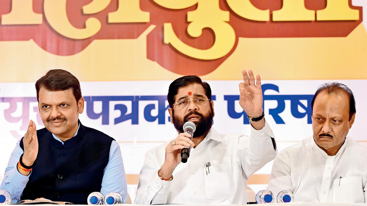 (From left) Devendra Fadnavis, Eknath Shinde and Ajit Pawar at a media briefing. File Pic/Shadab Khan