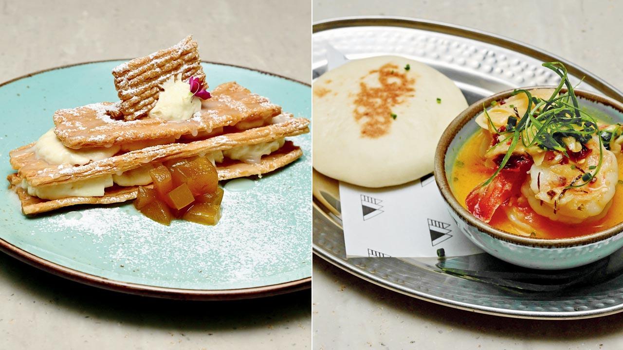 Apple cremeschnitte; (right) Prawn mustang jimbu