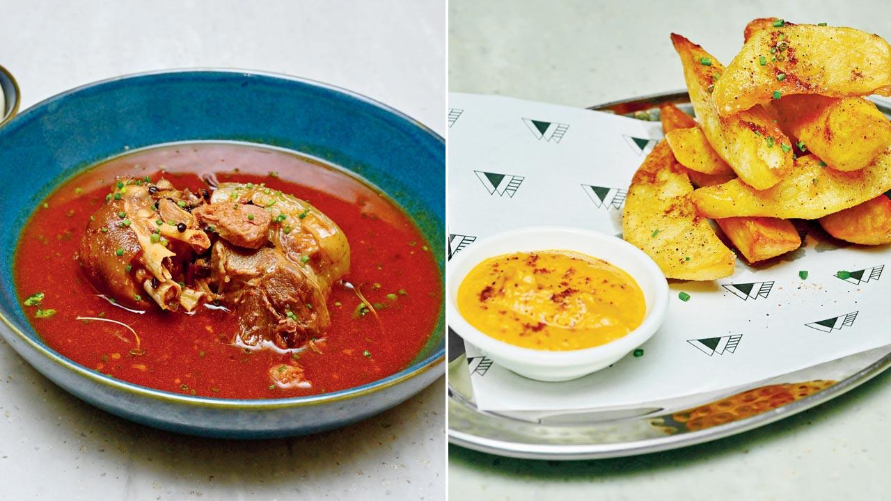 Pork trotters and ham; (right) Timur potato