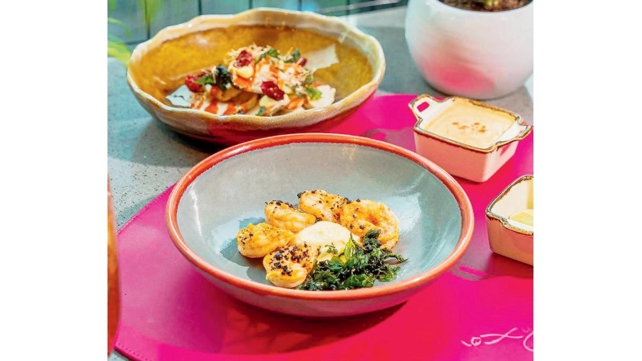 Mizuna leaf wild prawns and Indian sea bass from the menu
