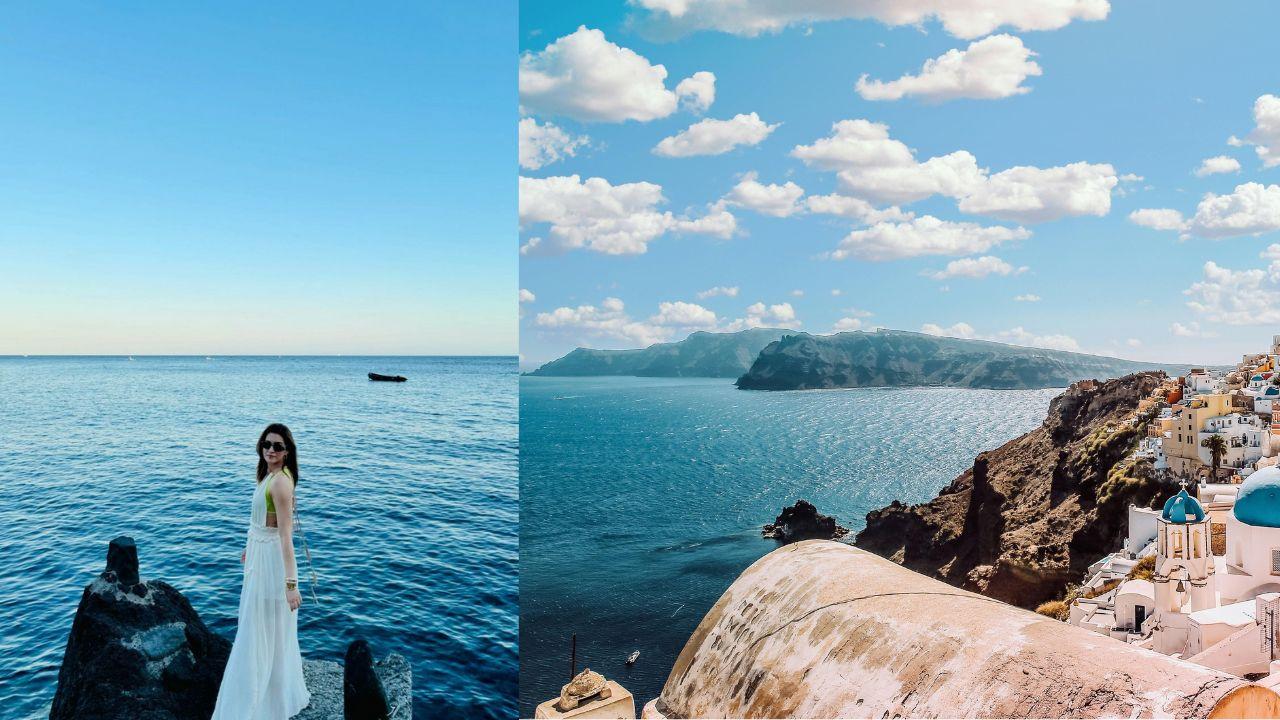 3. Santorini, Greece 
Santorini is iconic for its dazzling sunsets, whitewashed houses, and blue-domed churches. Overlooking the Aegean Sea, it’s the ultimate destination for romance and postcard-worthy viewsRecent Visitor: Kriti SanonPhoto courtesy: Instagram/@kritisanon, Pexels