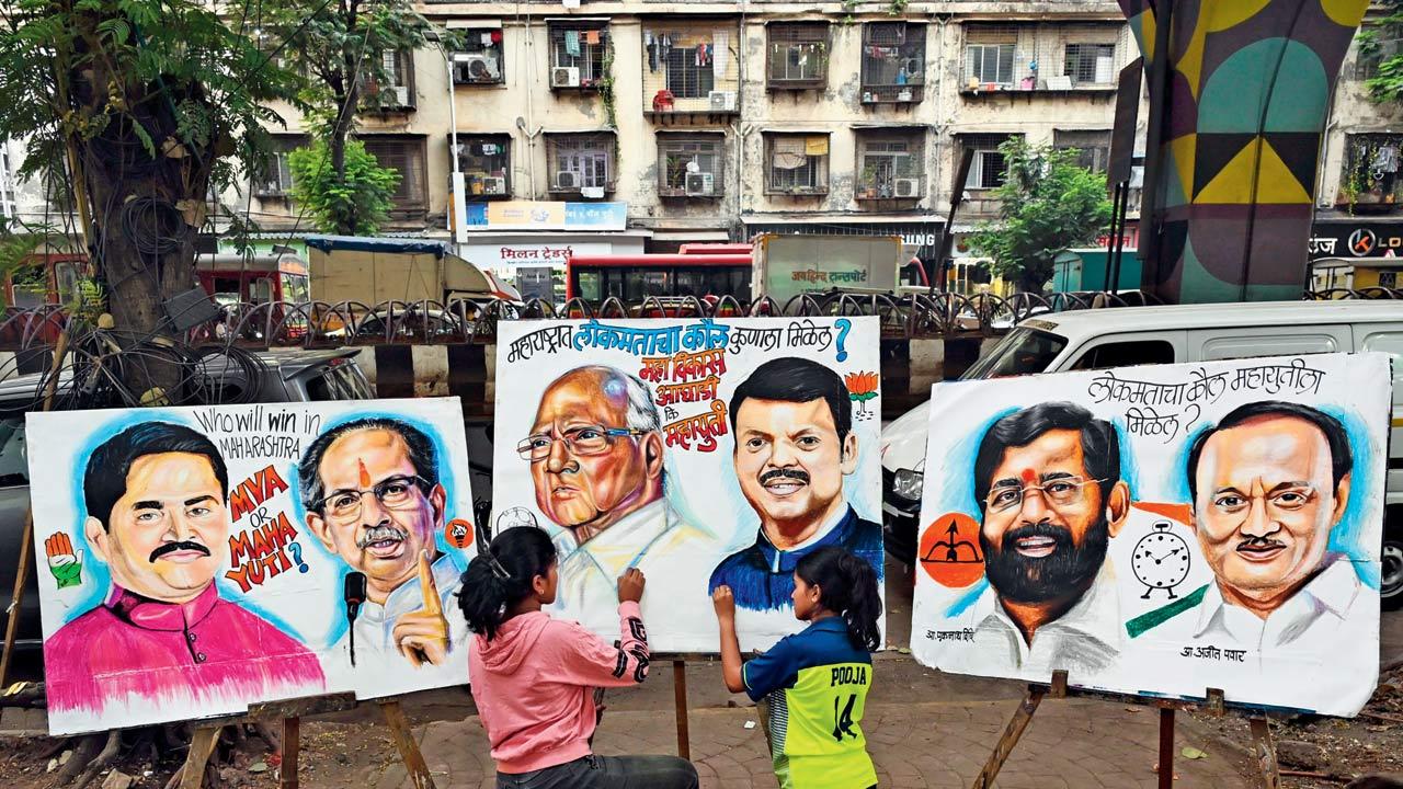 Students of Gurukul Art Classes paint political party leaders’ portraits at Lalbaug, on Thursday. Pic/Anurag Ahire