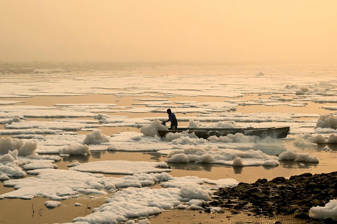 Thick toxic foam was seen floating on the Yamuna River in Kalindi Kunj, as the pollution level in the river remains high