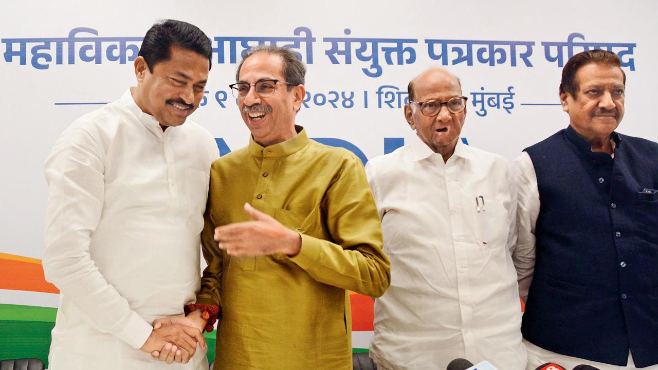 (From left) Congress state president Nana Patole, Shiv Sena (UBT) chief Uddhav Thackeray, NCP-SP chief Sharad Pawar and Congress leader Prithviraj Chavan during a press conference last month. File Pic/Sayyed Sameer Abedi